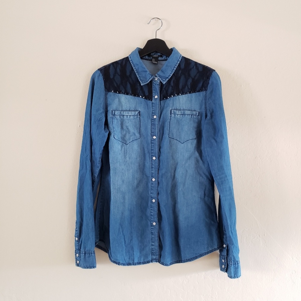 Button Down Black Lace Denim Shirt